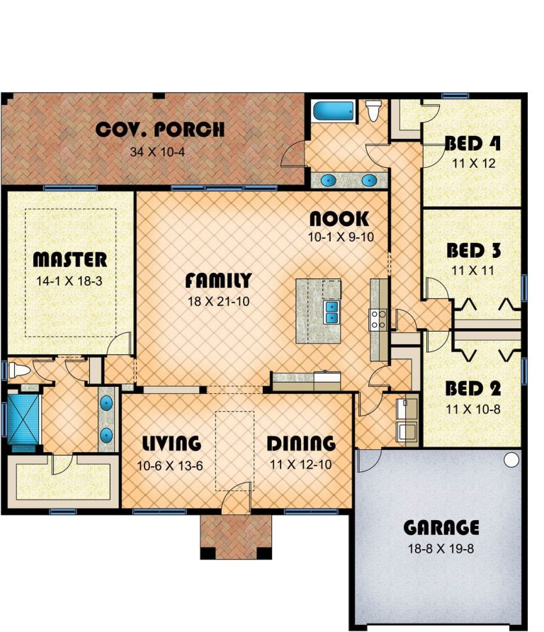 Canary floor plan drawing showing four bedrooms, two baths, family room, kitchen, nook, living room, dining room, garage and covered porch