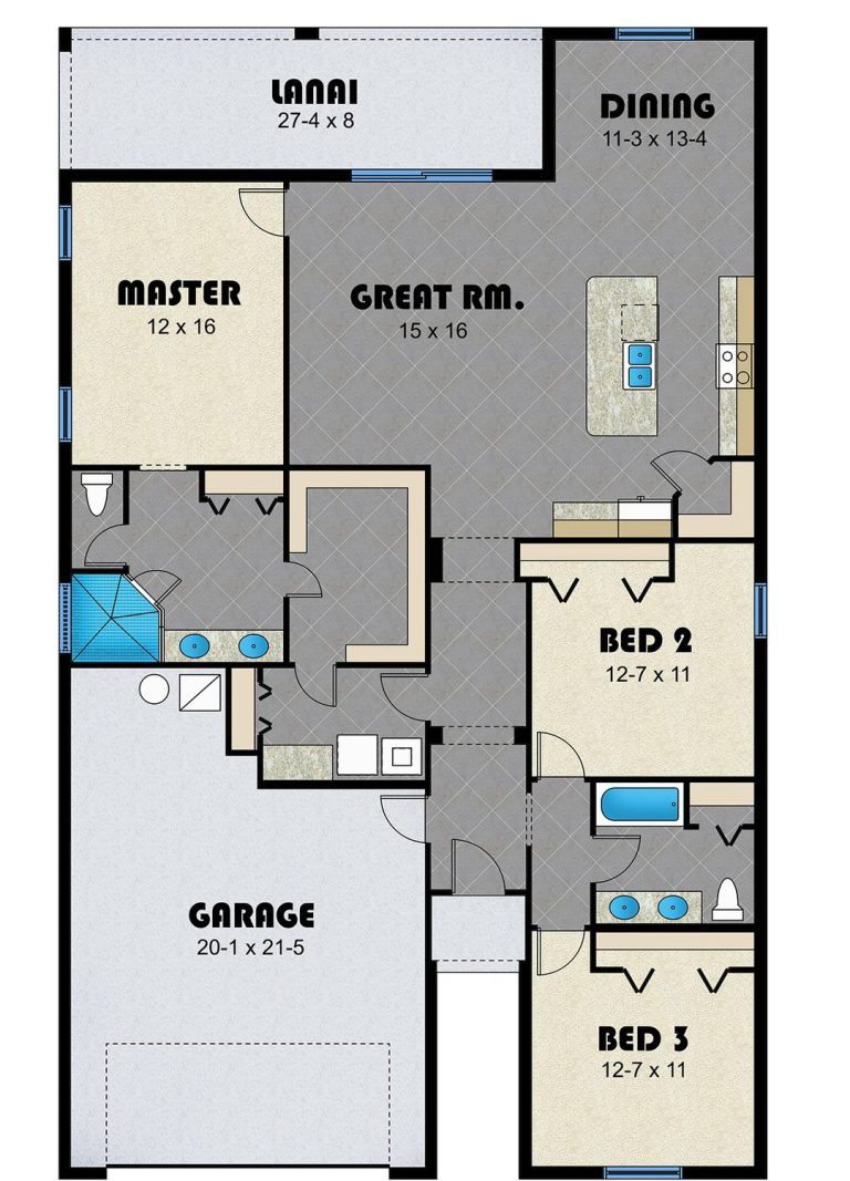Coconut I floor plan drawing showing three bedrooms, two baths, great room, kitchen, dining area, garage and lanai