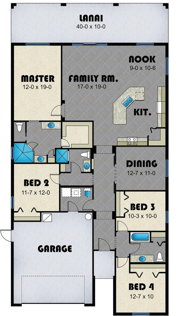 Foxtail floor plan drawing showing four bedrooms, three baths, family room, kitchen, nook, dining room, garage and lanai