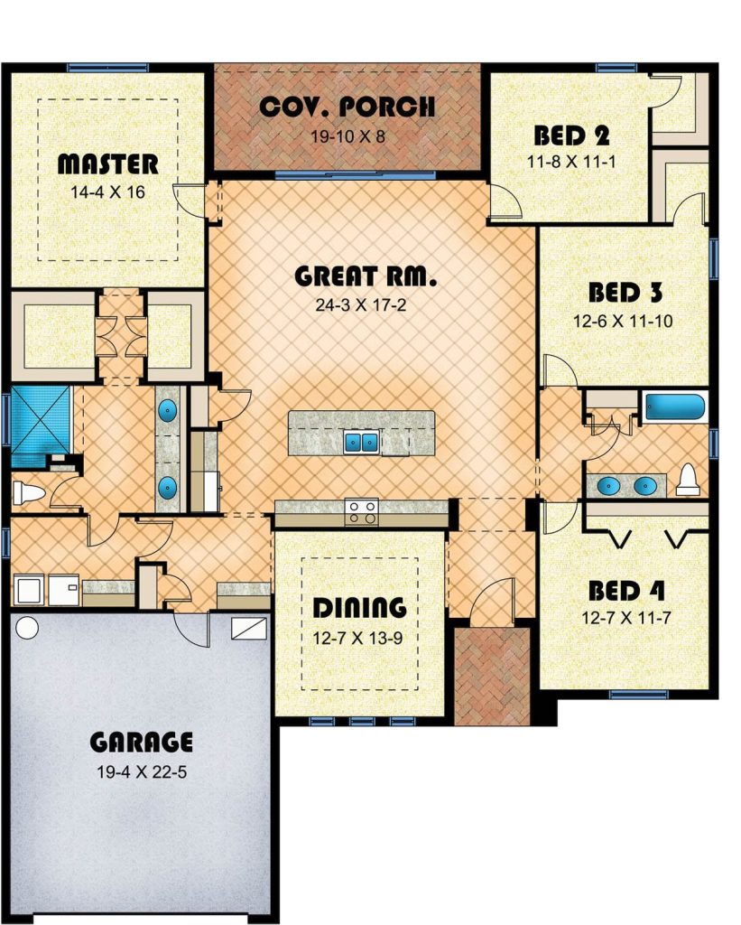 Royal floor plan by Eastern Homes showing bedroom, bath, kitchen and garage layout